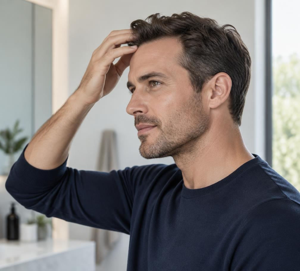 Homme observant sa ligne capillaire
